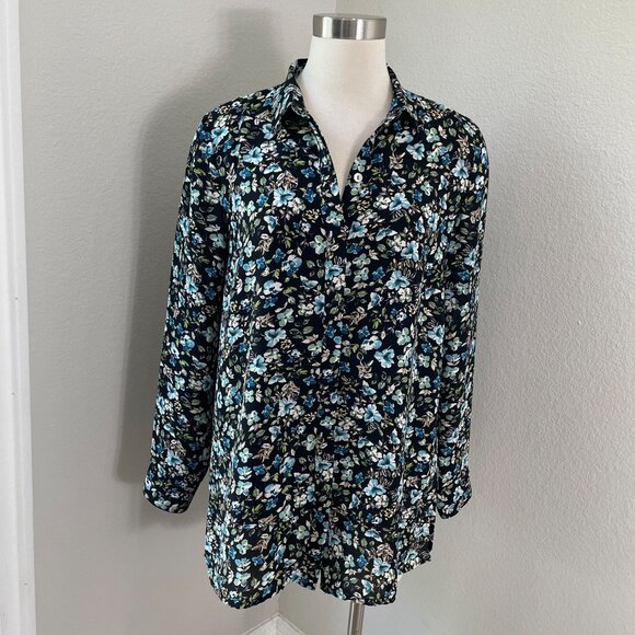 J Jill Womens Small Black Floral Button Up Blouse Long Sleeve Tunic Top - Picture 1 of 10